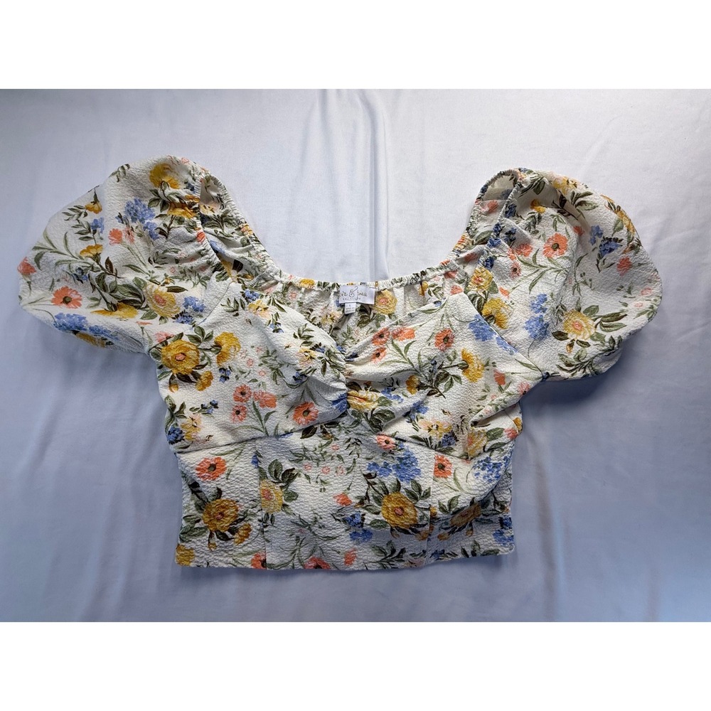 Love & Piece Collective Floral Puff Sleeve Crop Top Large White Yellow Floral